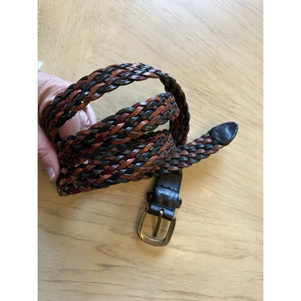 braided Belt 40 green tan Brass Buckle Leather Made In Turkey nautical preppy